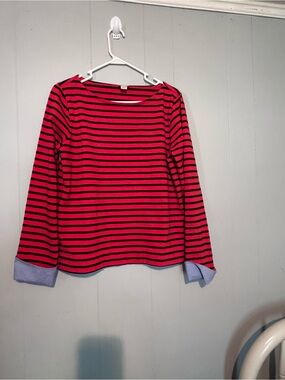 J. Crew Red and Navy Striped Long-Sleeve Top with Light Blue Contrast Cuffs